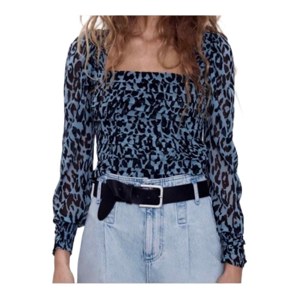 NWOT Zara blouse blue/grey and black Size‎ Large Cheetah Print Top Side Zipper